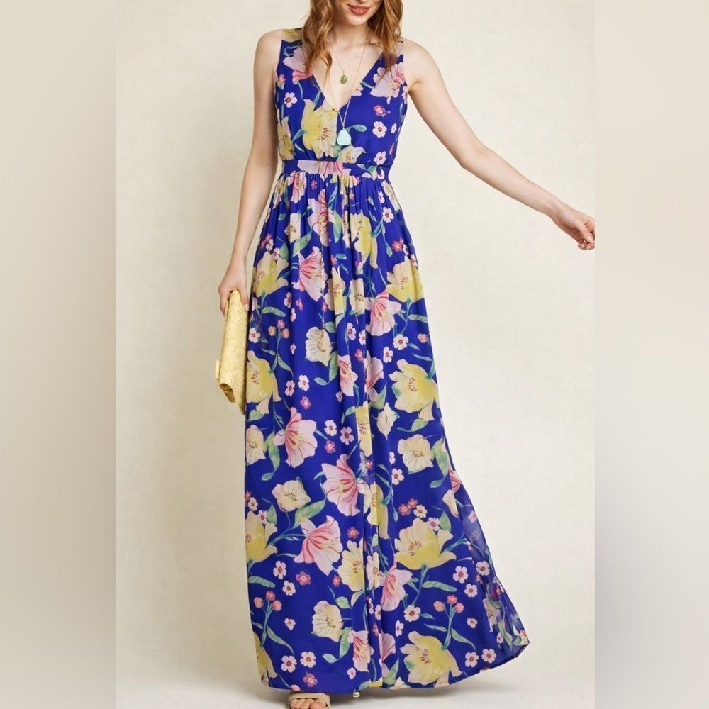 ModCloth “Muster the Length” Floral Maxi Dress Sapphire Blue Yellow Size Small - Picture 2 of 13